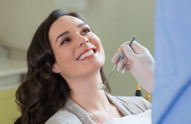 Dental floss and Interdental brushes Guide lady at dentist