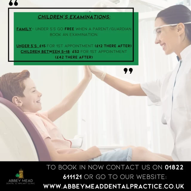 ‼️CALLING ALL NEW PATIENTS‼️

We are offering New Prices when you book your Child’s New Patient Examination🦷

We have “The Family” where any child Under 5 who attends with a parent or guardian for their examination are seen FREE

Under 5’s who attend without a parent or guardian booked in alongside them is £15

Any child between the ages of 5-18 years old is £52

All examinations include a Full Mouth Charting, Treatment Plans (if treatment is required), Oral Health Advice and X-Rays (if required). 

•

•

•

#abbeymead #newpatientexamination #childsexamination #oralhealth #happysmiles #family #tavistock