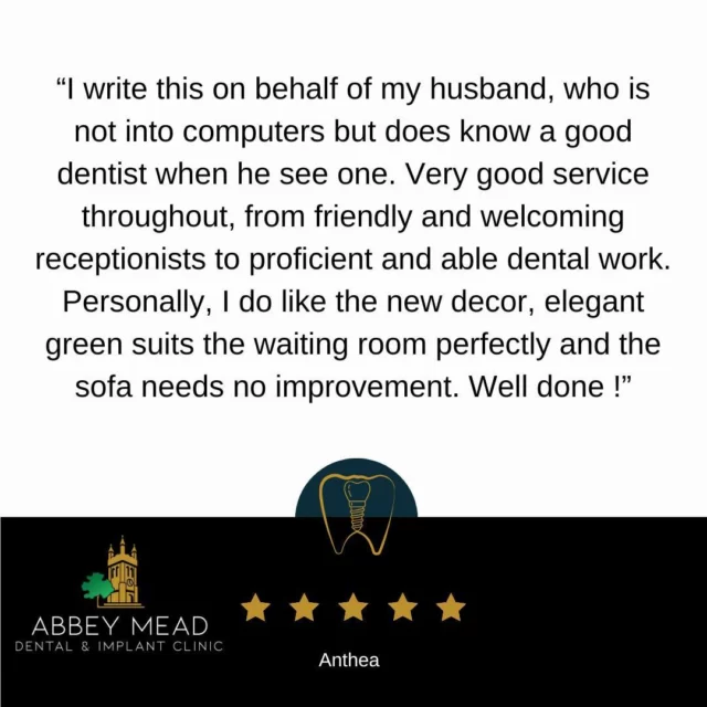 🌟 Testimonial Tuesday at Abbey Mead! 🌟

We love making our patients smile! Here's a fantastic testimonial from a happy patient:
Thank you for sharing your experience with us! We’re thrilled to know you’re satisfied with our service.

#AbbeyMead #TestimonialTuesday #HappyPatients #DentalCare #PatientReview #SmileWithConfidence